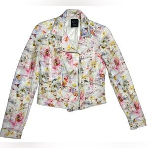 Zara Trafaluc White Floral Moto Jacket Cropped Asymmetrical Zip Pink Flowers